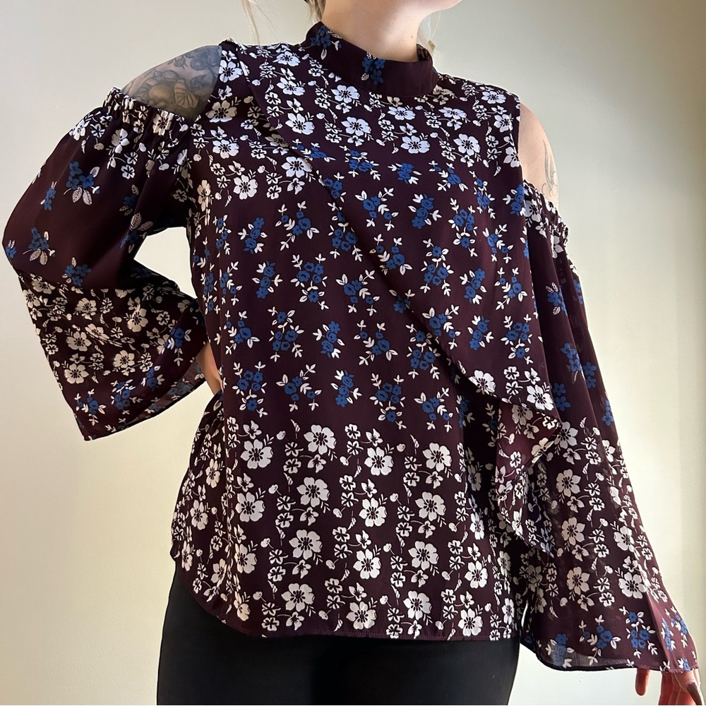 Parker ~Floral Mock Neck Cold Shoulder Blouse